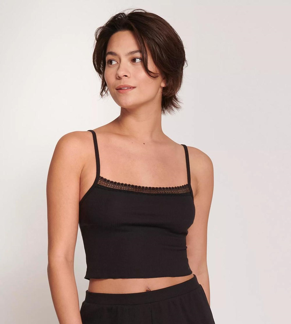 Sloggi Go Żebrowany Top With Spaghetti Straps Czarne | 38416-XAVE